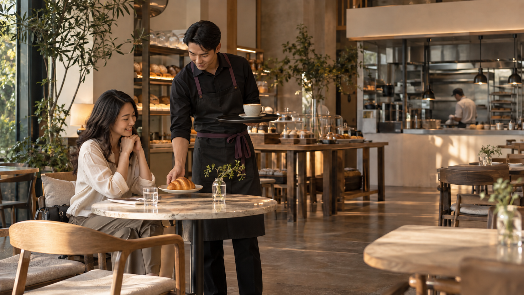 Waiter menyajikan pesanan kepada customer