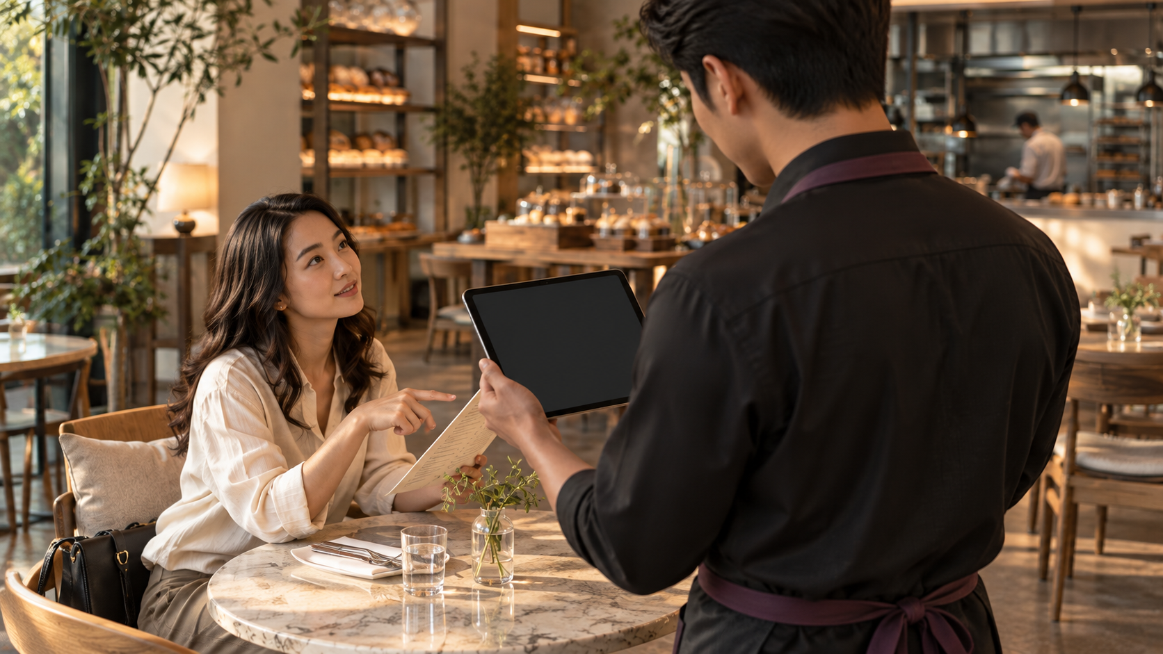 Kamera dari belakang waiter melihat pesanan di iPad landscape