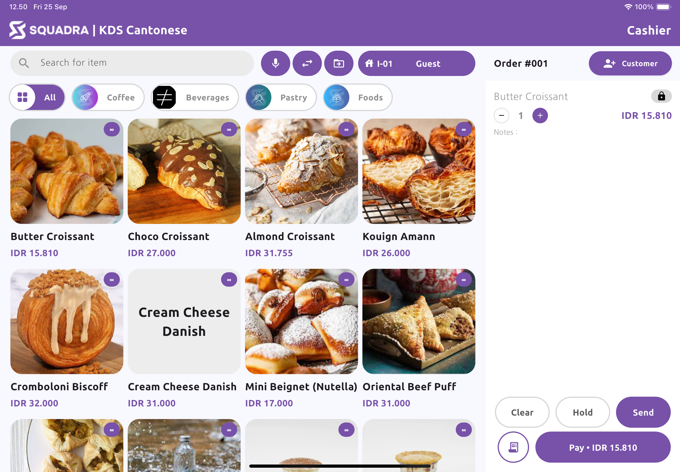 Tampilan Squadra POS landscape pada layar iPad waiter
