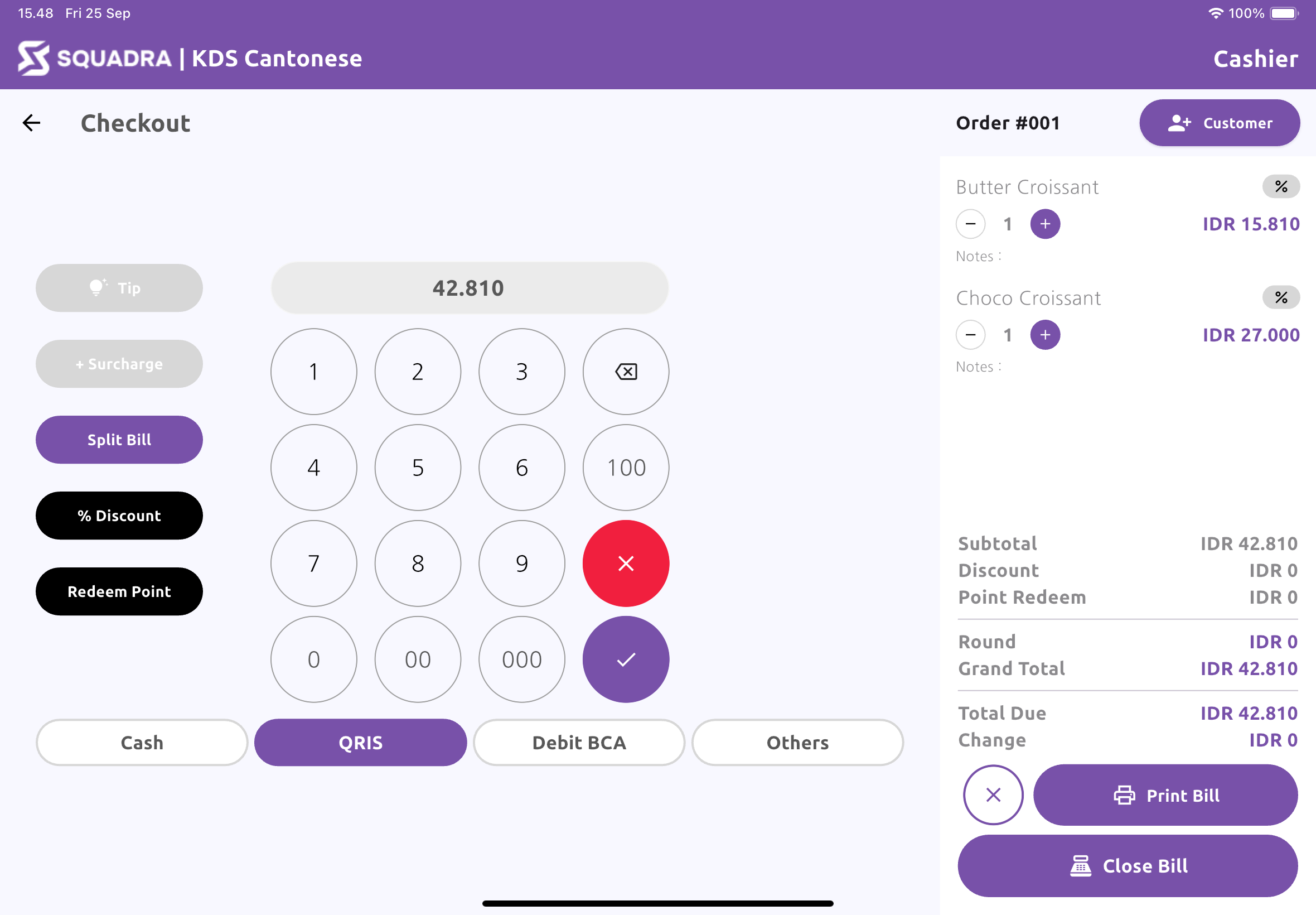 Layar checkout asli Squadra POS dengan pilihan Cash, QRIS, dan Debit
